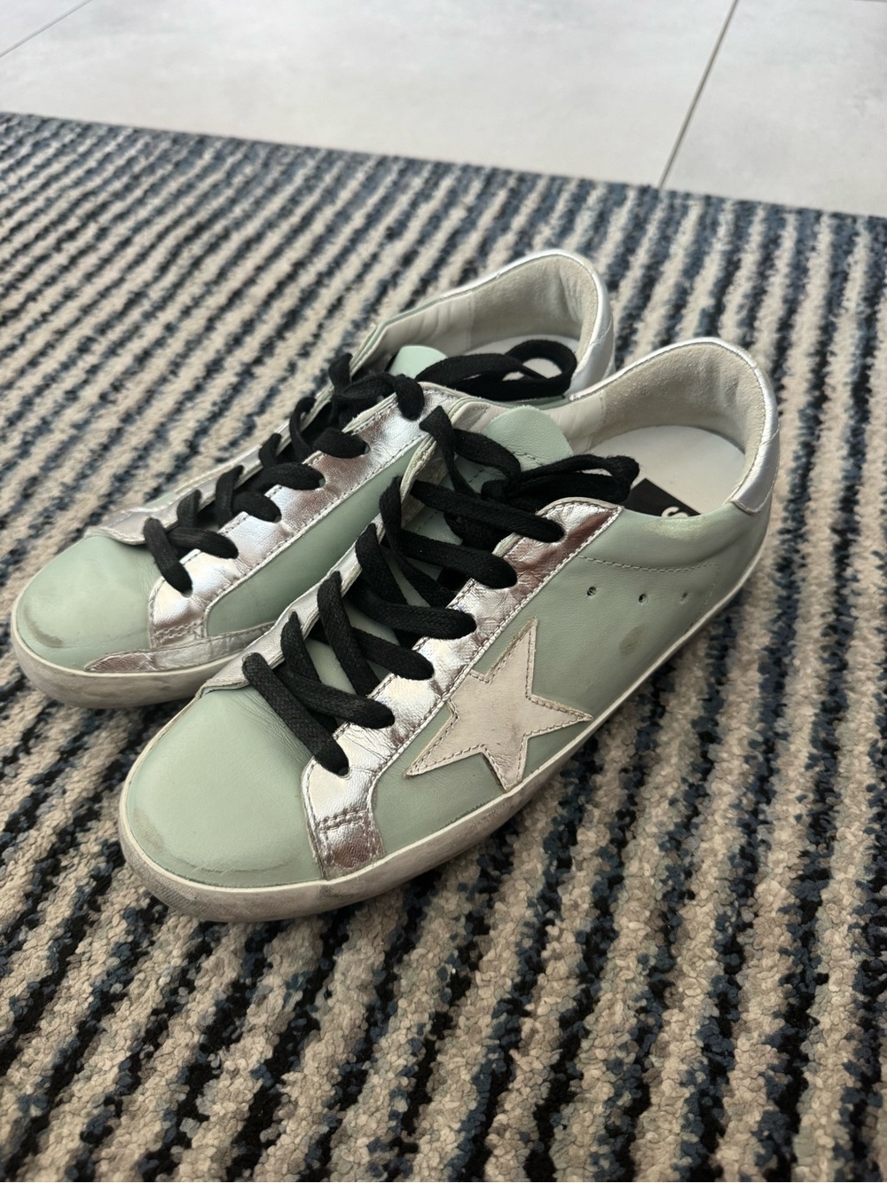 Golden Goose Mint Green Sneakers with Silver Star and Trim